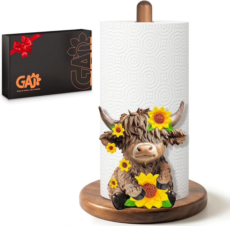 GAJ Highland Cow Paper Towel Holder - Highland Cow Decor for Kitchen Farmhouse Bathroom Countertop - Gifts for Women Mom Grandma - 3D Cute Stuff Decorative Accessories - Image 1